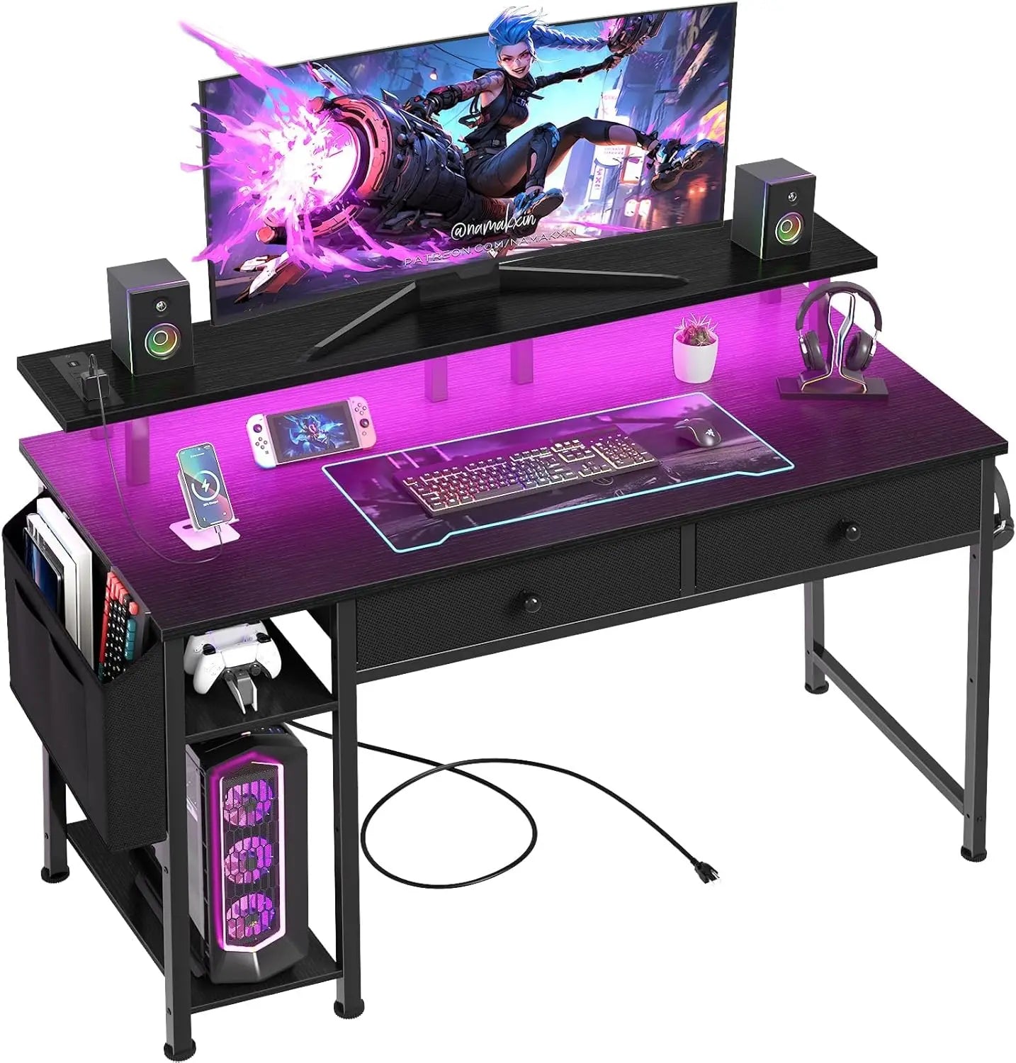 39-Inch Gaming Desk with Shelves, Drawers, Power Outlet & LED Lights - Sturdy Black Design for Home Office