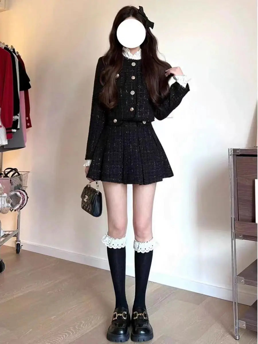 Spring and Autumn High end Slim Fit Short Tweed Coat High Wasit A-line Mini Skirts Set Sweet Black Two Piece Sets Women Outfits