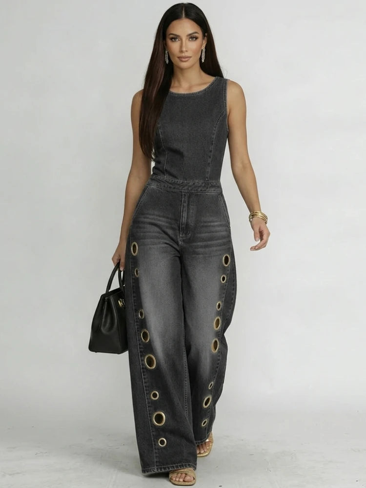 Freeacy Women's Trendy Denim Jumpsuit Sleeveless Round Neck Eyelet Wide Leg Jumpsuit with Pockets for Holiday & Clubwear - Kimlud