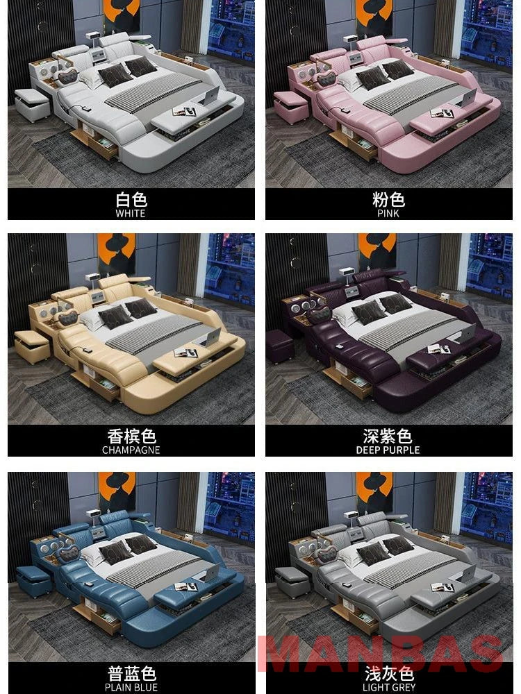 Modern Tech Smart Bed, King/Queen Size Genuine Leather Bed with Projector,USB, Speaker, Luxury Multifunction Bed, All In...