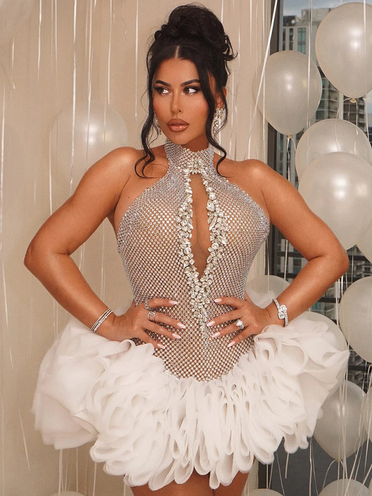 VC Shiny Silver Sequins Beaded Short Prom Dress Luxury Rhinestones Key Hole Halter Backless O Neck Short Tulle Cocktail Dress