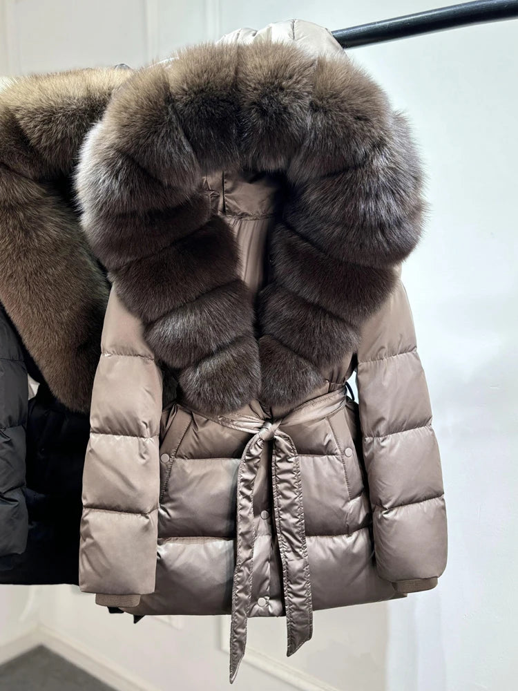 2025 New Natural Thick Warm 90% White Goose Down Coat Long Winter Jacket Women Real Big Fox Fur Collar Belt Loose Puffer Parka