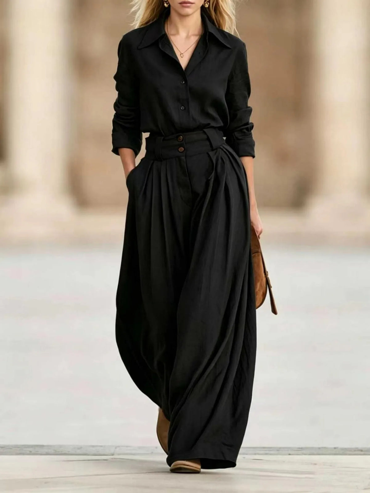 Women Solid Two Piece Outfit Autumn Lapel Long Sleeve Button Shirt + High Waist Pleated Wide Leg Pants Set Casual Office Suits