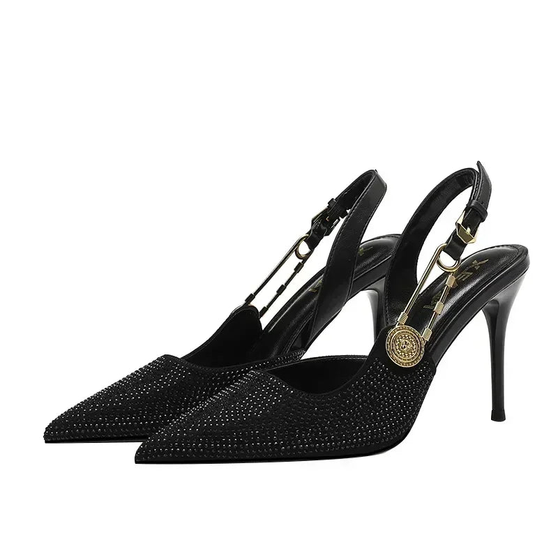 Luxury Rhinestones Sexy High Heels Women Pointed Toe Sandal Elegant Ladies Metal Buckle Fashion Design Banquet Dress Shoes Pumps