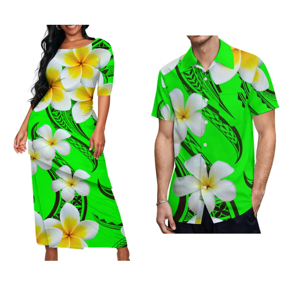 Polynesian Floral Print Custom Summer Crew-Neck Puletasi Diagonal Design New Set Dress For Valentine'S Day Matching Clothing - Kimlud