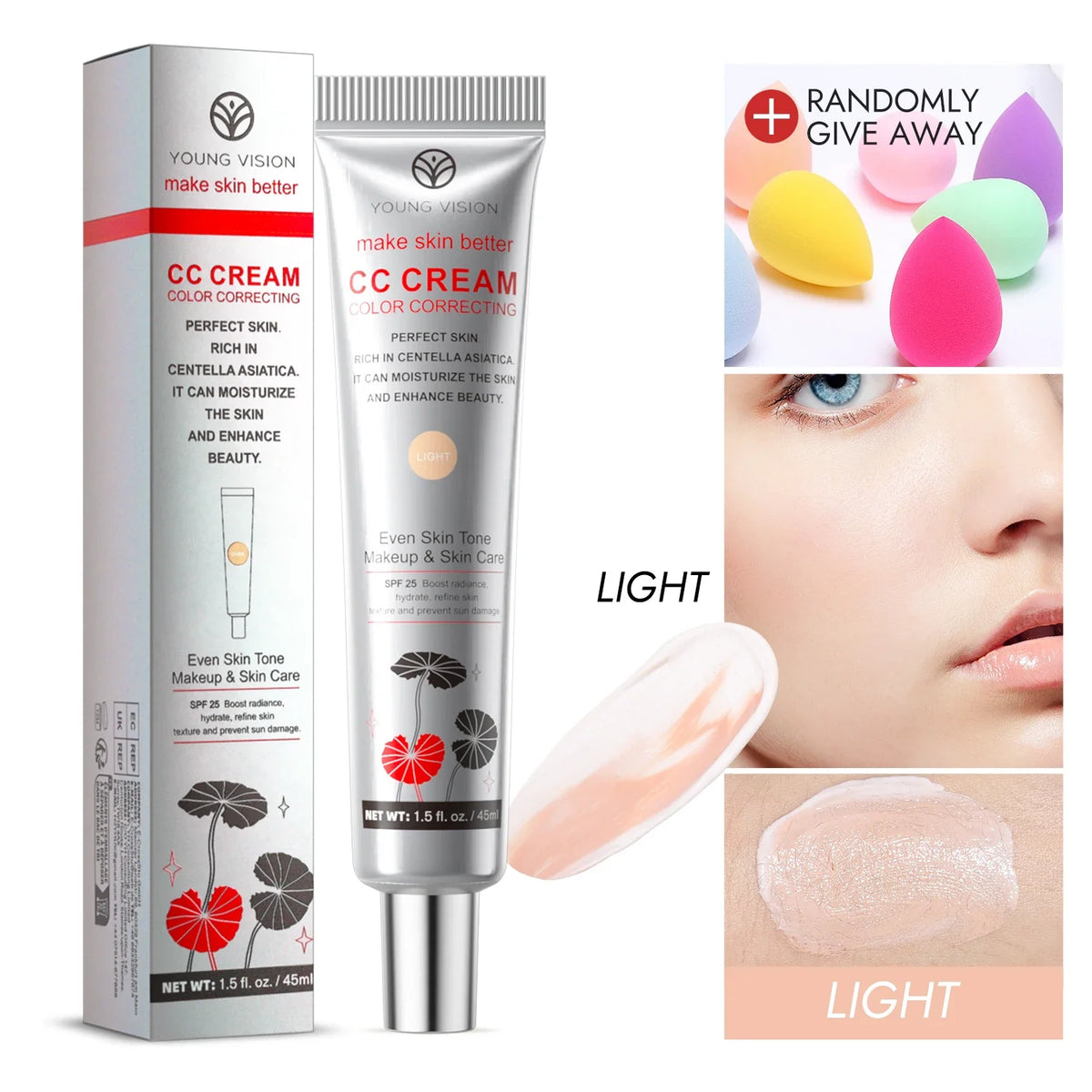 YOUNG VISION 2 Color Brightening CC Cream with Drop Puff for easy use as a makeup base and barrier cream.