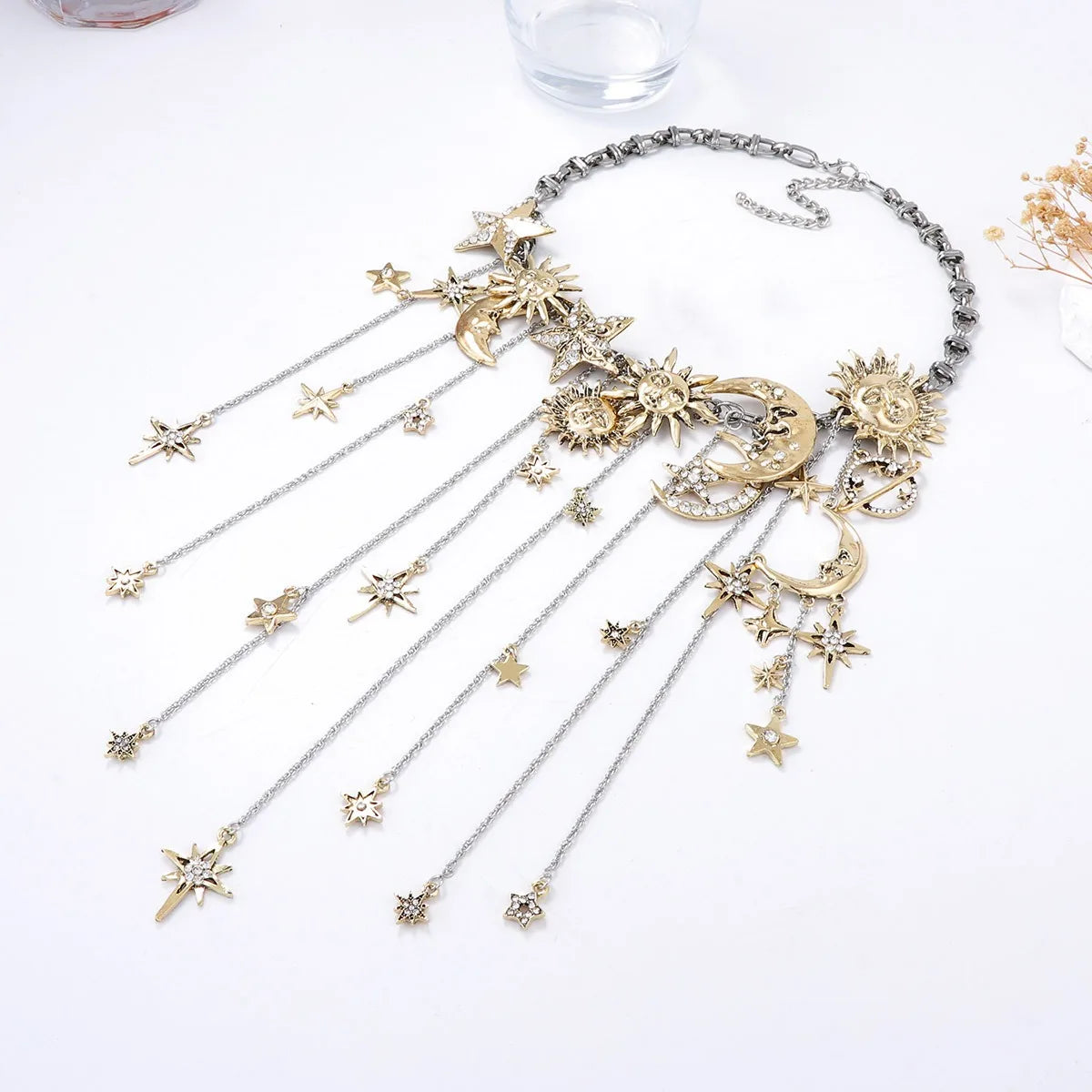 Retro Exaggerated Alloy Stars Moon Tassels Waterfall Necklaces For Women Y2k Hiphop Punk Clavicle Chain Party Jewelry Gifts