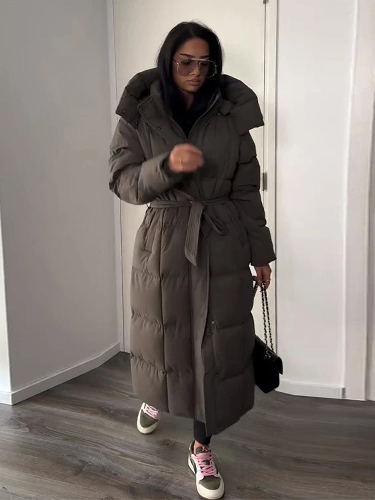 Hooded Lace up Long Jacket Woman Solid Color Zipper Long Sleeve Loose Coats Versatile Warm Minimalist Women's New Winter Jackets