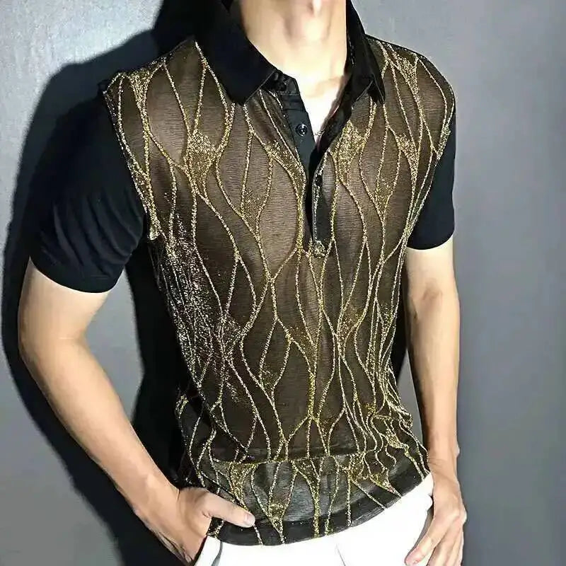 Black Gold Abstract Pattern Lace Sexy Polo See Quality Men Through Social Club Luxe Transparent Shirt Summer Short Sleeve Polo - Kimlud