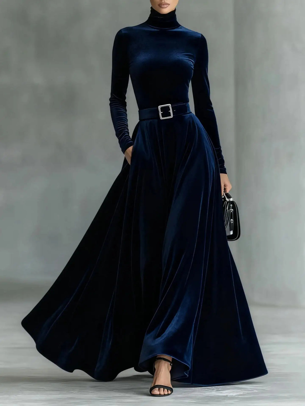 Velvet High Collar Base Dr Evening Gown mid Waist Long Skirt Ci Commute Sle Autumn Season Women's Faion Single Piece |...