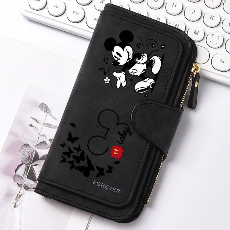 Mickey Minnie Lady Long Zip Wallet Buckle Tote Bag Coin Purse Soft PU Leather Multi-functional Card Holder Casual Daily