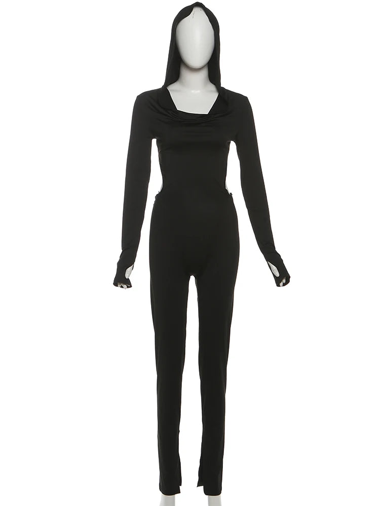 Nibber Backless Hooded Jumpsuits Women Long Sleeve Peach Buttock Slit Solid Skinny Elasticity Autumn Trend Sexy Street Outfits - Kimlud