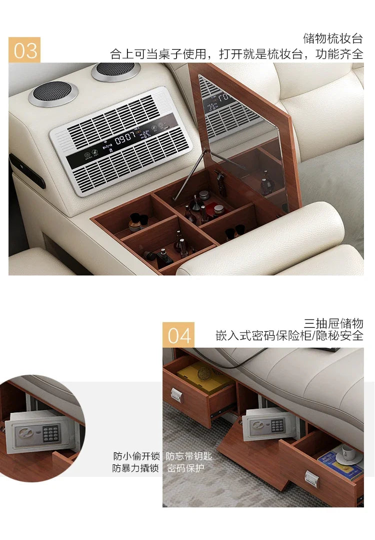 Genuine Leather Tech Smart Multifunctional Beds Massage Modern Luxury Camas Upholstered With Bluetooth Speaker,Air Cleaner