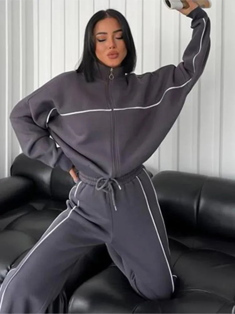 CPSYMYM Womwn Casual Outfits Fall Winter Long Sleeve Half High Collar Zipper Coat + Sports Pants Two Piece Sets Fashion Loose Su - Kimlud