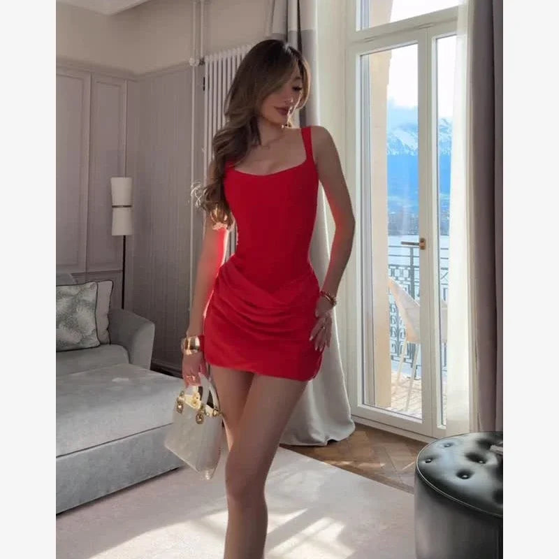 Sexy Luxury Pleated Sling Long Dress Women Elegant Solid Sleeveless Slim Fit Maxi Dresses 2026 Shinny Daily Lady Vestidos New