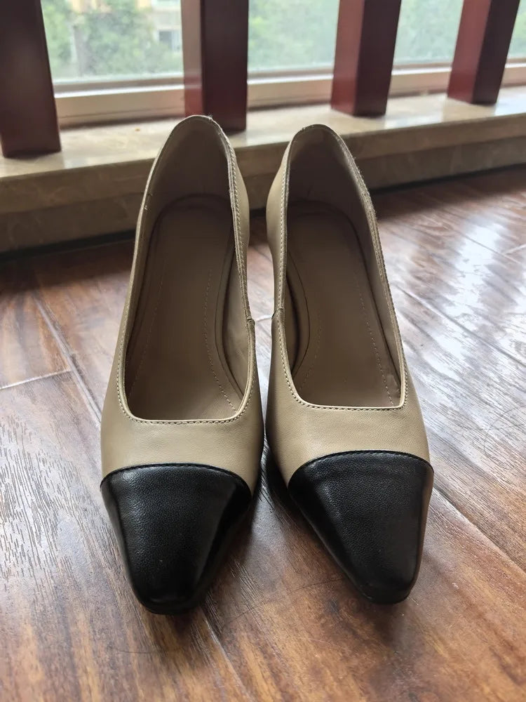 MKKHOU Fashion Shoes New High Quality Genuine Leather Shoes Color blocked Round Head Shallow Mouth High Heels Women's Shoes - Kimlud