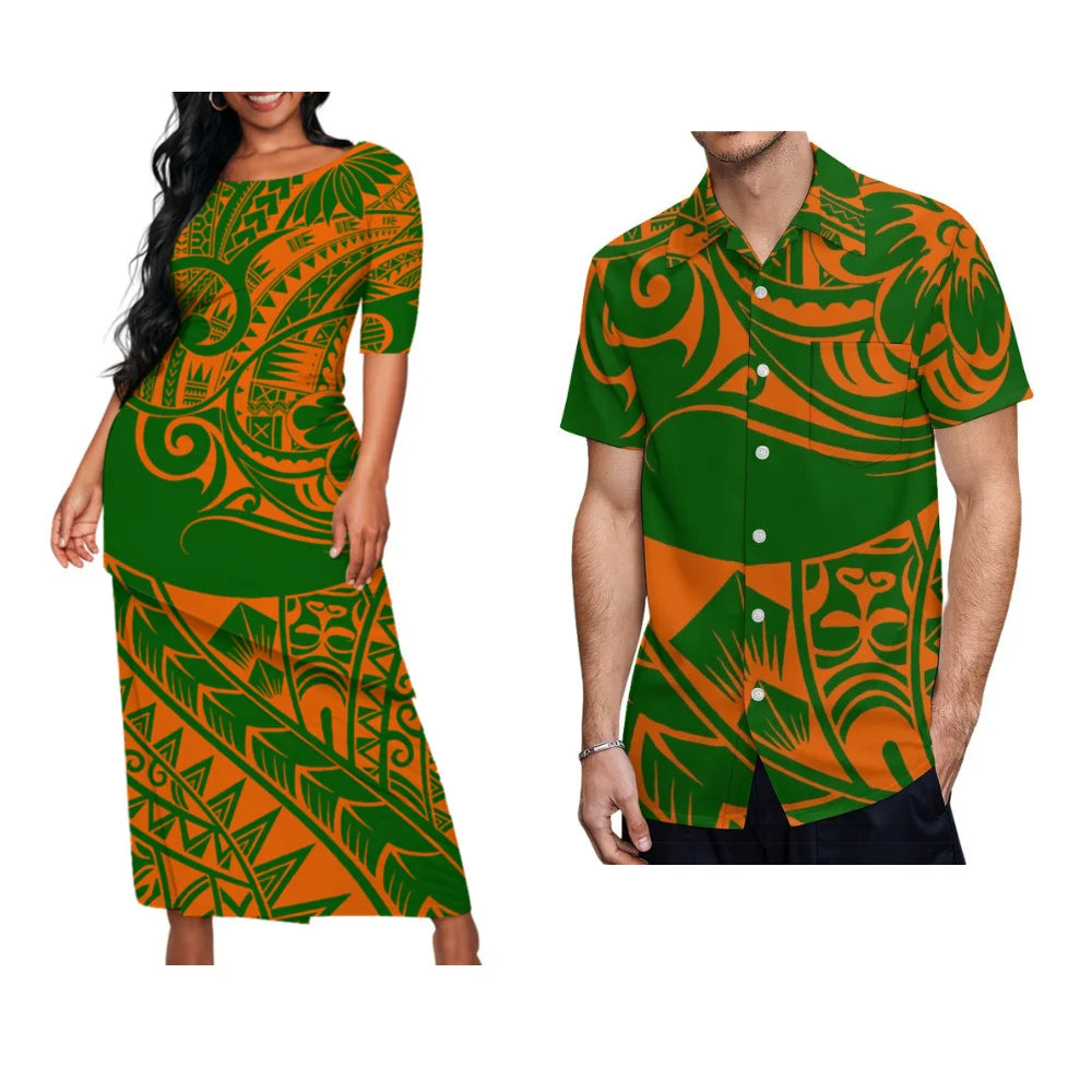 Polynesian Floral Print Custom Summer Crew-Neck Puletasi Diagonal Design New Set Dress For Valentine'S Day Matching Clothing - Kimlud