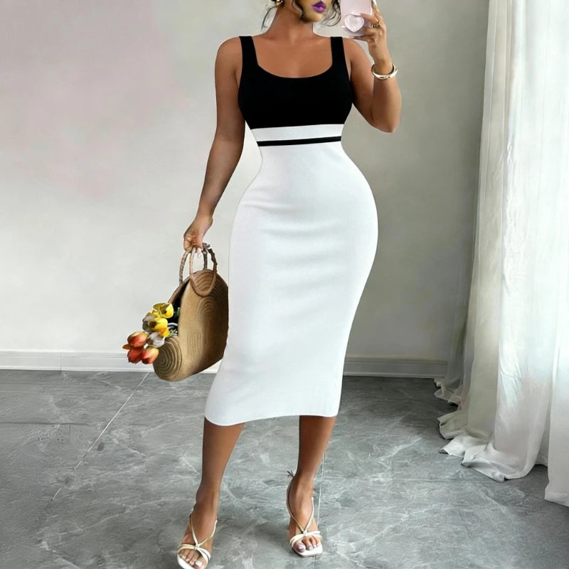 Women's White Black Patchwork Block Square Neck Sleeveless Stretchy Knit Bodycon Midi Dress Elegant Summer Daily Party...