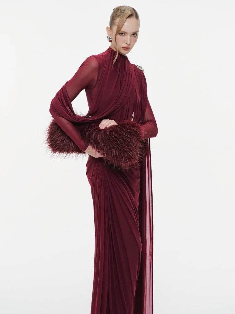 Sexy Long Sleeve O Neck Pleated Draped Long Dress Women Burgundy Mesh Patchwork Folds Slim Runway Celebrity Evening...