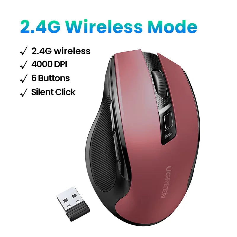 UGREEN Wireless Mouse Bluetooth5.0 Mouse Ergonomic 4000DPI 6 Mute Buttons Mouse For MacBook Tablet Laptops Computer PC 2.4G Mice - Kimlud