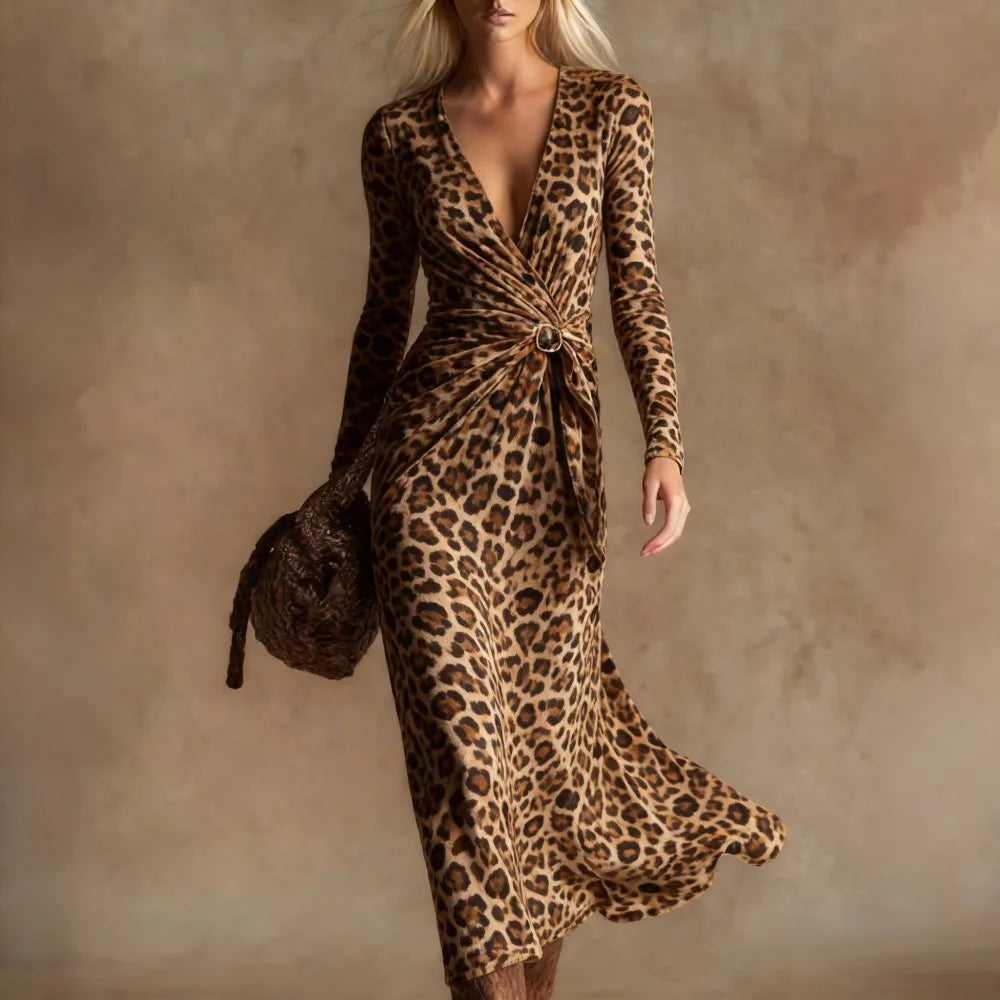 Sexy Leopard Print Velvet Maxi Dress Women Long Sleeve V Neck Twist Front Elegant Cocktail Party Dress Vacation Evening Dress