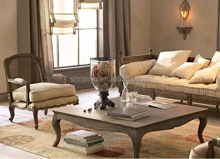 French farmhouse antique wooden armchair lounge living room furniture with stool accent chair | Kimlud Office Luxury Chair