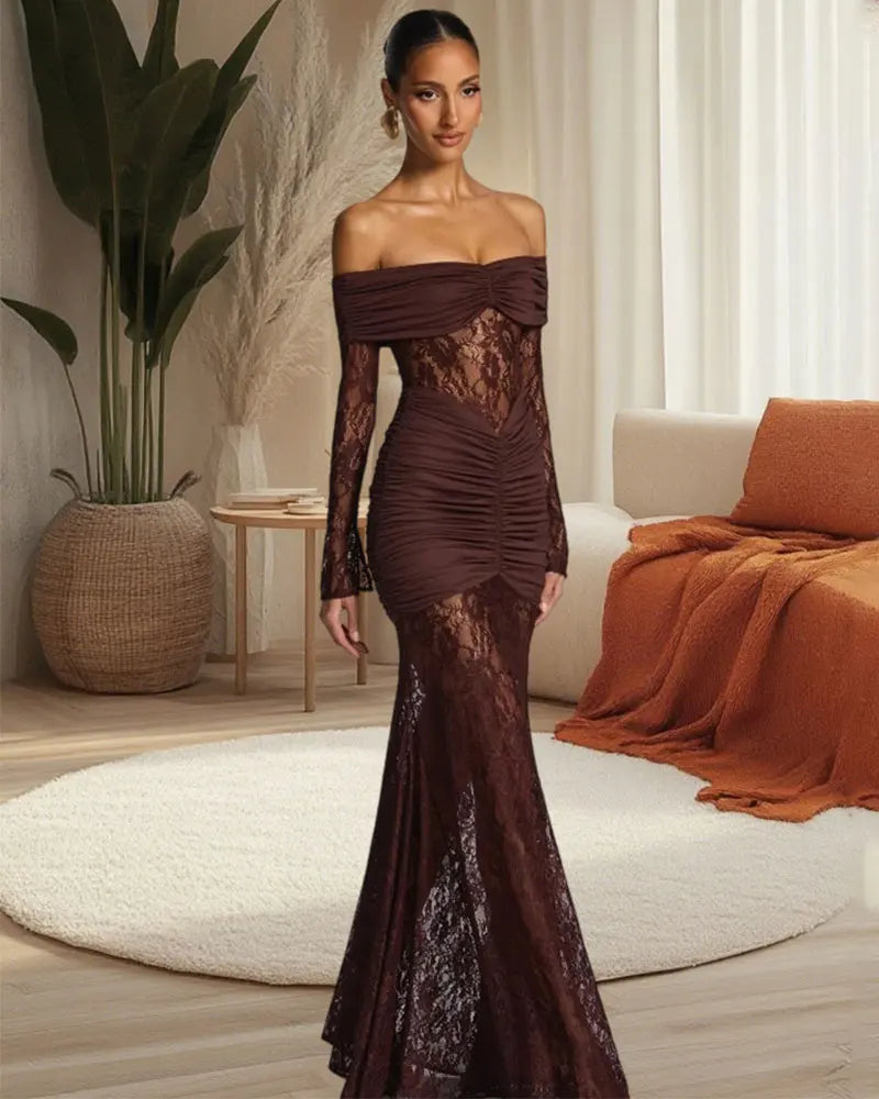 GACVGA Elegant Mesh Lace Patchwork Bodycon Maxi Dress for Women Summer Sexy Off-Shoulder Sheer Party Club Evening Long Dress