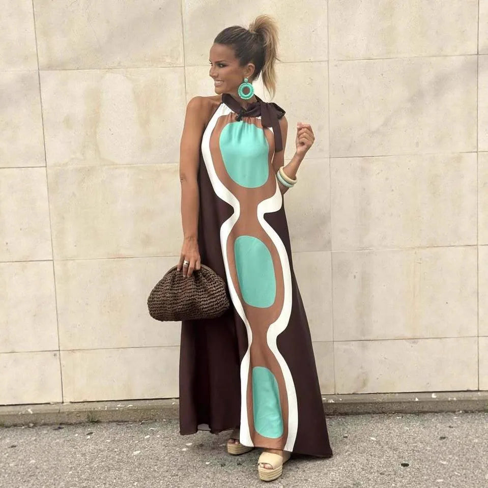 Casual Print Halter Neck Leace-up Long Dresses Women Summer New Vacation Style Loose Maxi Dress Female Vintage Commuting...