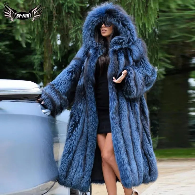 BFFUR Luxury Real Fox Fur Coat With Hood Winter Women'S Genuine Full Pelt Natural Fox X-Long Outdoor Jacket Thick Warm Coat