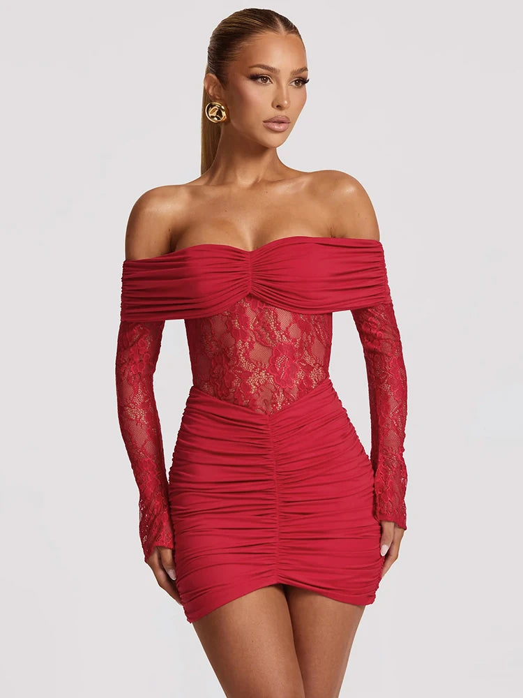 Mozision Off-shoulder Strapless Backless Sexy Mini Dress Women Gown Elegant Lace See Through Long Sleeve Ruched Club Party Dress