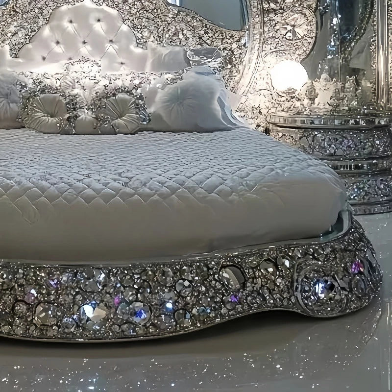European crystal bed Italian art furniture French luxury solid wood inlaid diamond shining master bedroom silver princess bed