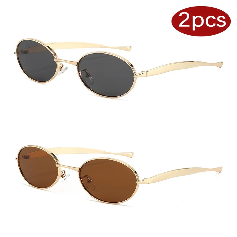 2pcs Y2K Oval Small Frame Unique Sunglasses Women Luxury Brand Metal Sun Glasses Punk Style Colorful Popular Eyeglasses UV400 - Kimlud