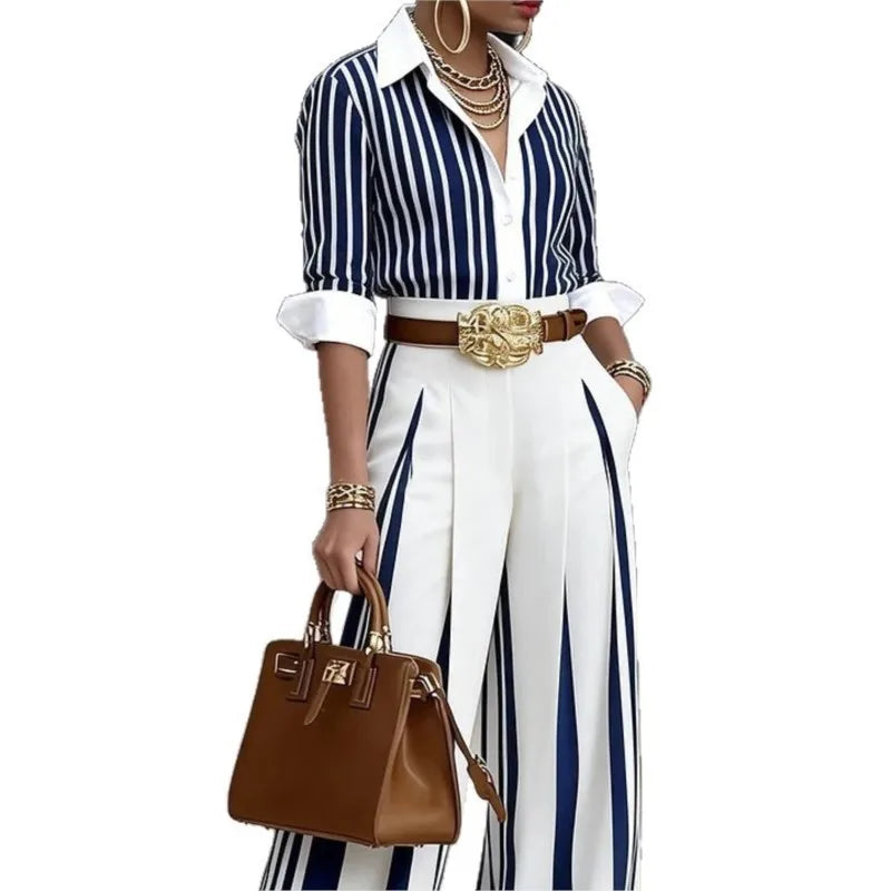 Women Fashion Striped Printed Shirt Two Piece Sets Autumn Lapel Single-Breasted Long Sleeve Shirt Top + Wide Leg Pants Outfit