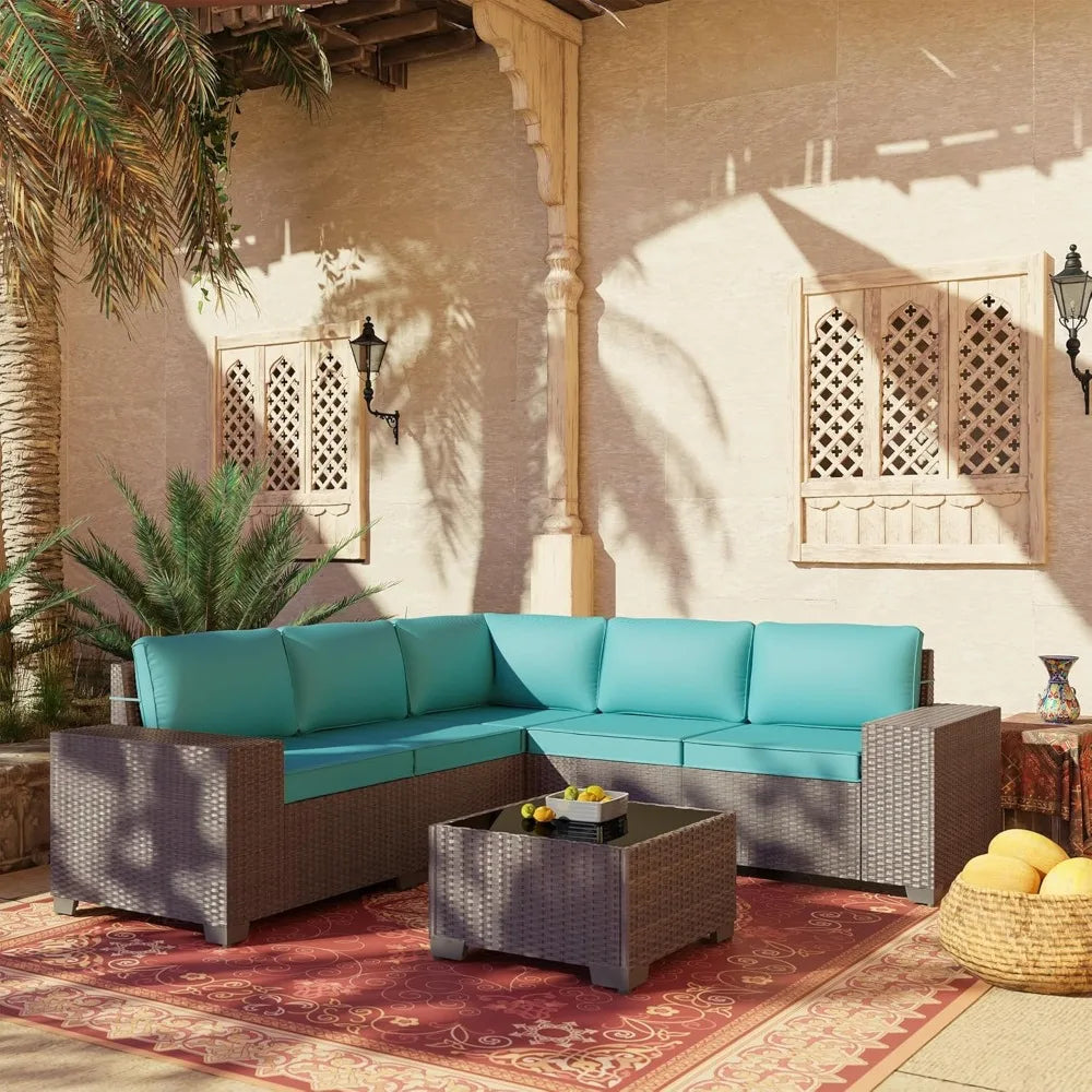 Garden Furniture Sets Outdoor Patio Furniture Set PE Rattan Wicker Sectional Conversation Set with Coffee Table Turquoise Blue - Kimlud