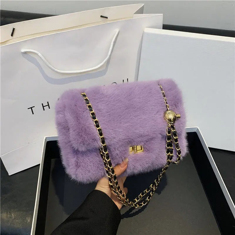 Mini Furry Chain Shoulder Bag for Women New Style Autumn Winter Casual Pure Color Polyester Velvet Lining Crossbody Bag