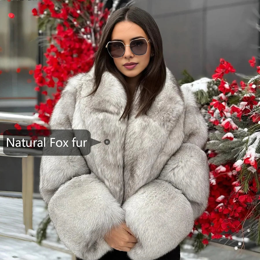 Natural Fox Fur Coat With Turndown Collar Women's Fox Cropped Jacket Genuine Fur Outerwear Hot Selling Short Real Fur Coat