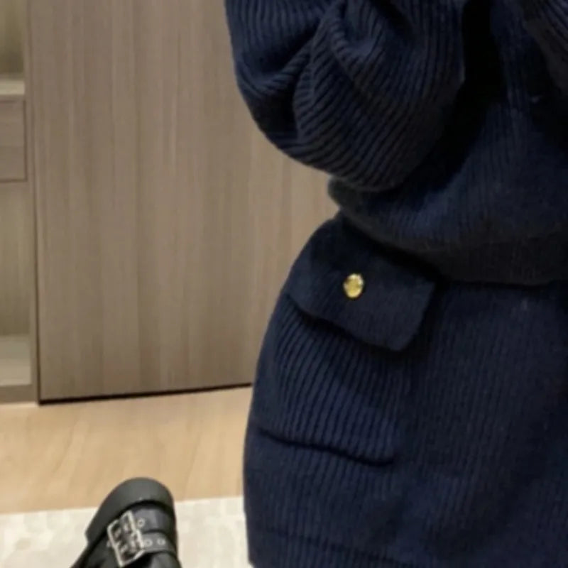 Navy Blue Dress Sets for Women Long Sleeve Tops Knitted Mini Skirts Pockets Fashion Autumn Winter High Street Ins Korean Style