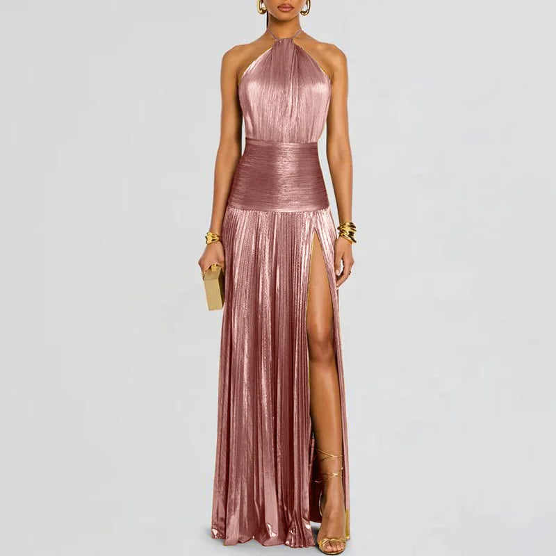 Gold Sexy Halter High Split Gowns Evening Dress Woman Chic Solid Hollow Pleated Long Dress Spring Summer Backless Zip Maxi Dress