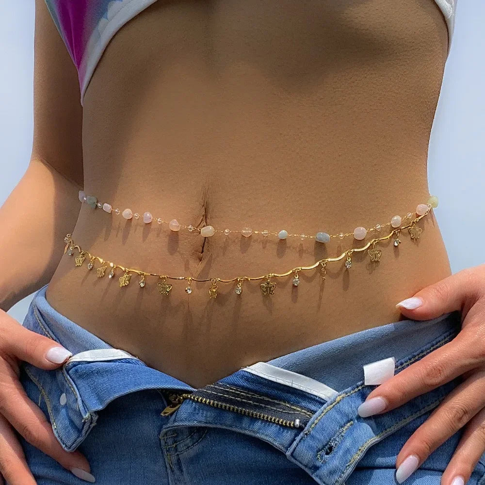 Sexy Double Layer Colorful Stone Chain for Women Crystal Butterfly Waist Bead Belly Chain Belly Belt Summer Beach Body...