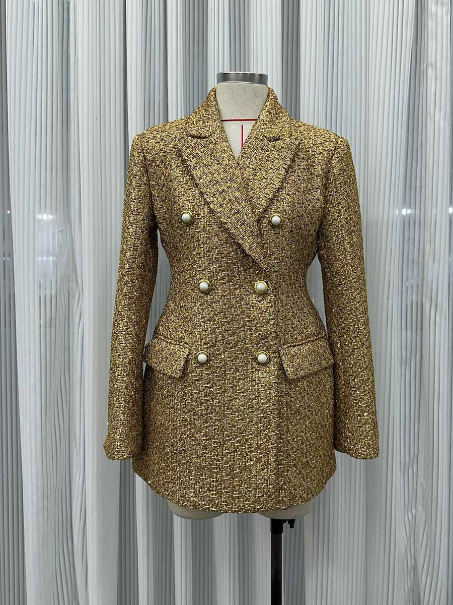 TWOTWINSTYLE Slimming Spliced Sequins Temperament Coats for Women Lapel Long Sleeves Tunic Patchwork Double Breasted Coat Female - Kimlud