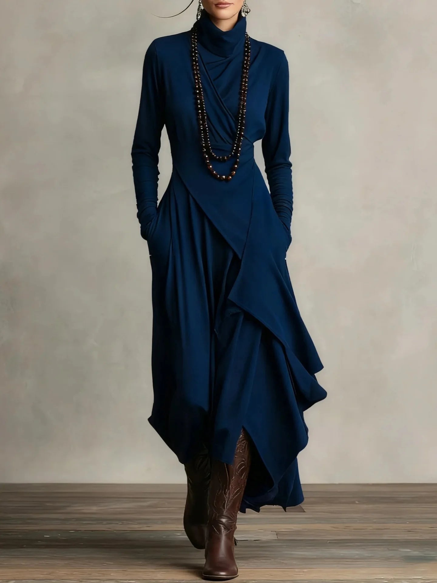 Vintage Irregular Cross Dress for Women Long Sleeve Solid Turtleneck Simple Fashion Casual Spring Holiday Long Dresses - Kimlud