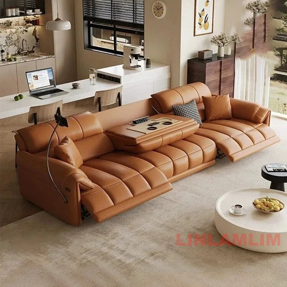 Modern Electric Reclining Sofa with Adjustable Footrest, USB, and Foldable Center Console – Italian Genuine Leather Power Sofa