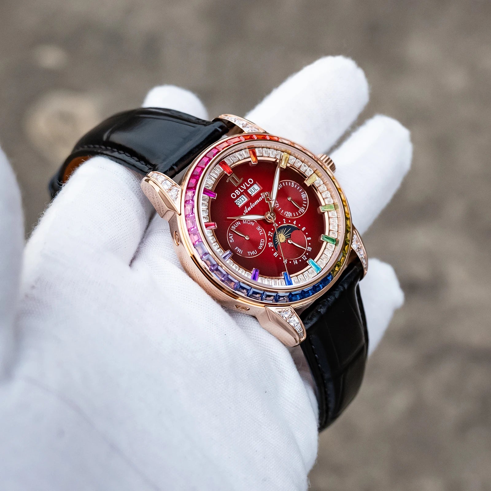 OBLVLO Men's Classic Watch with Colorful Diamonds Bezel Red Dial Mechanical Automatic Moonphase Multifunction Leather Strap GCM-MUT