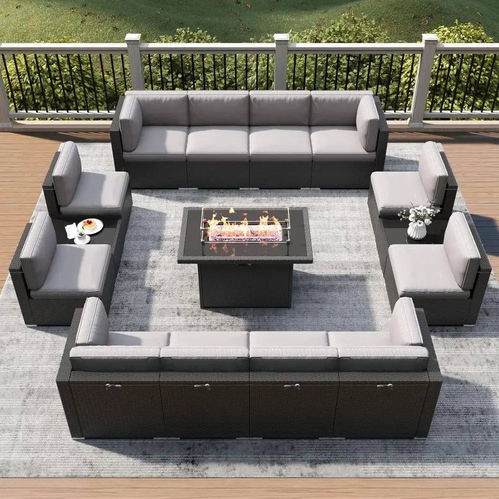15-Piece Outdoor Patio Furniture Set with Fire Pit Table, Rattan Wicker Sectional Sofa with Coffee Table | Kimlud...
