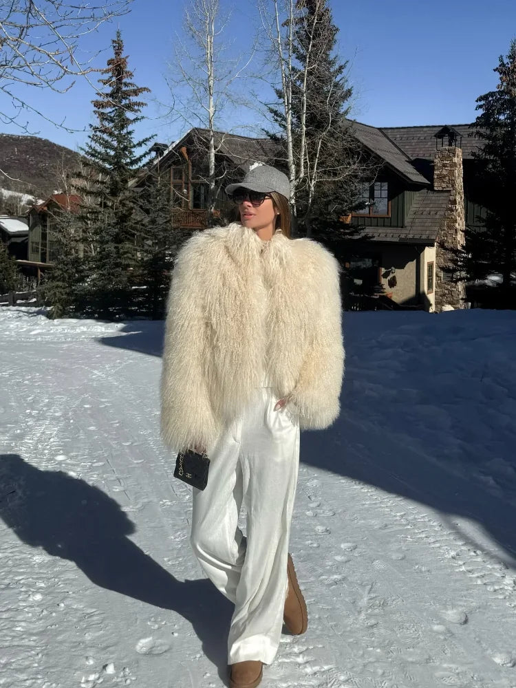 Casual Creamy-white Thick Faux Fur Short Coat Women Long Sleeve Turn Down Collar Warm Soft Jacket Female Winter Daily Outerwear