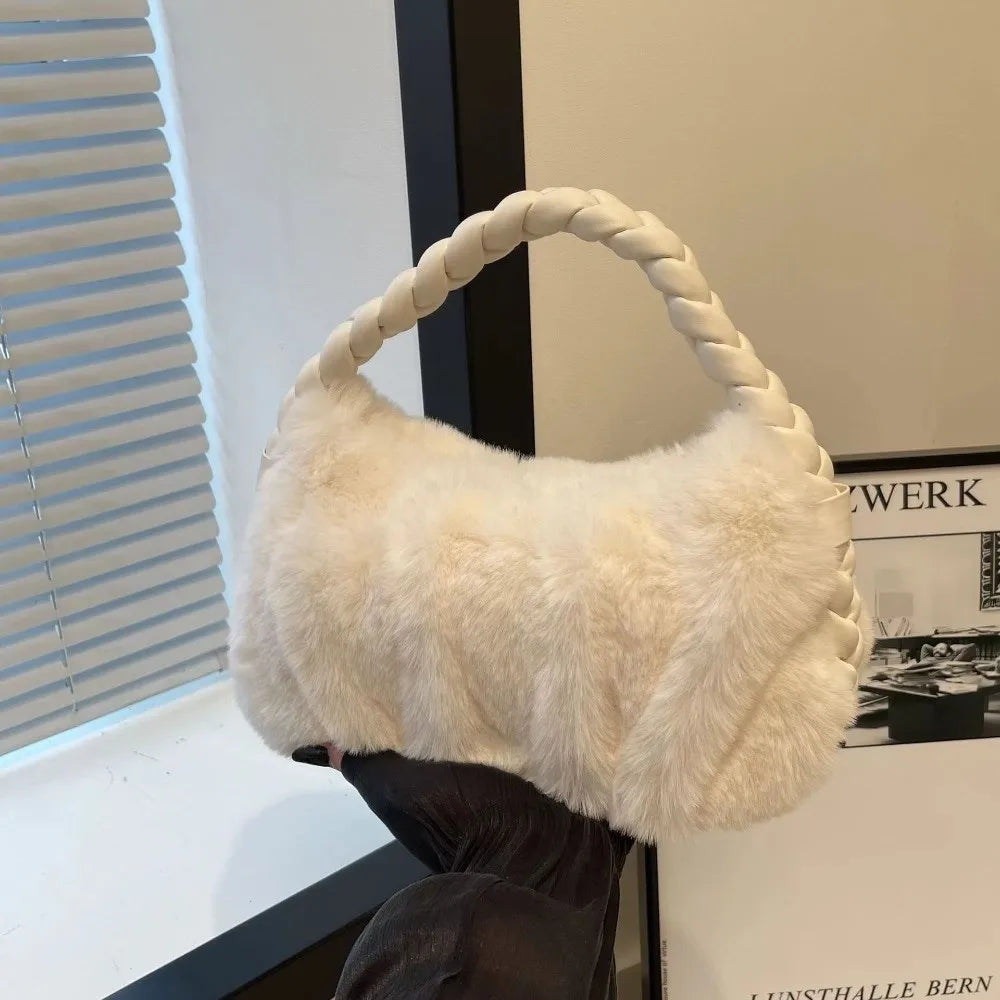 Elegant Furry Shoulder Bag Fluffy Soft Plush Handbag Solid Color Zipper Tote Bag