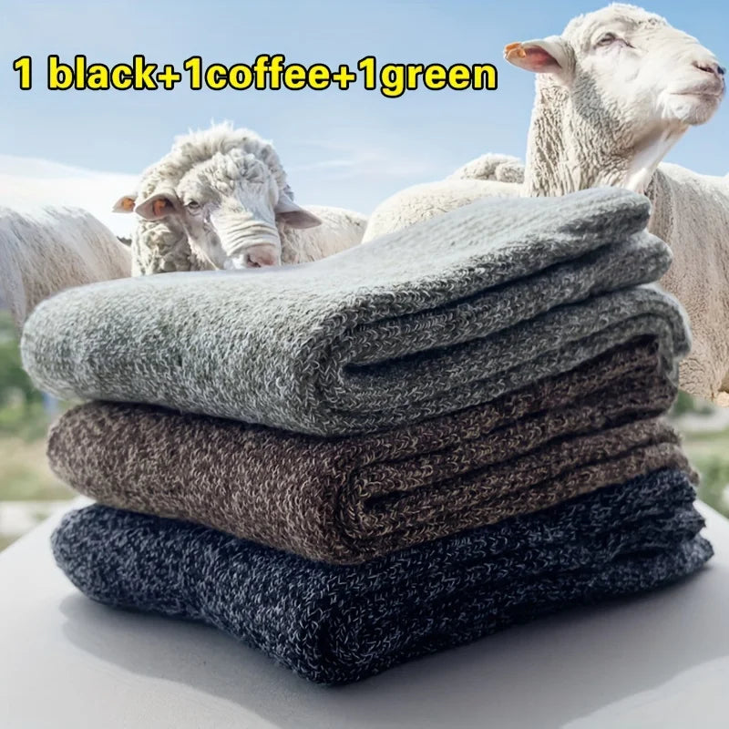 3 Pairs Men's Winter Warm Socks, Thick Towel Mid-Calf Socks, Anti-Cold Snow Boots Socks Elastic Solid Color - Kimlud