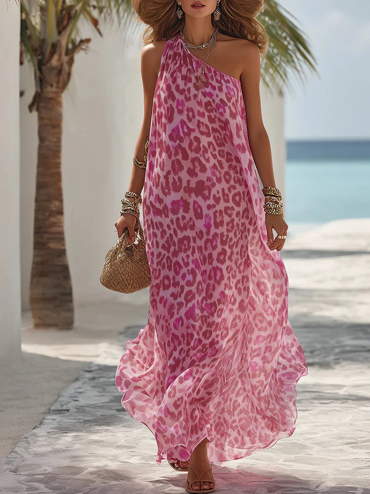 Asymmetrical Loose Fit Maxi Dresses Pink Leopard Print Sleeveless Beach Dress 2026 Summer Hollow Out Backless Elegant...
