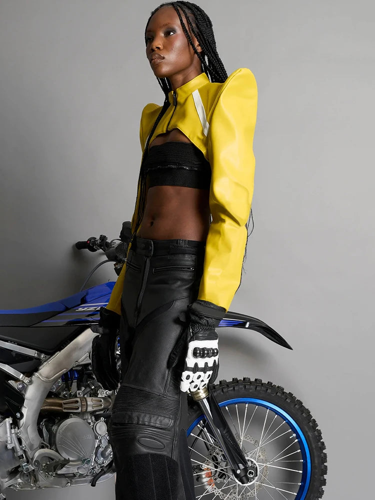 Nibber Leather Zipper Jacket Women Patchwork o-Neck Shoulder Pads Long Sleeve Sexy Midnight Moto Style Street Hipster Crop Coat