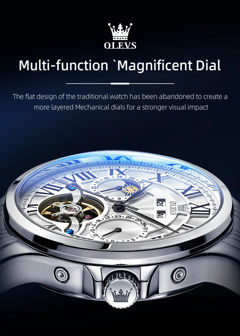 OLEVS 7013 Men's Watch Fashion Moon Phase Mechanical Watch For Men Waterproof Roman Scale Hollow Flywheel Automatic Hand Clock